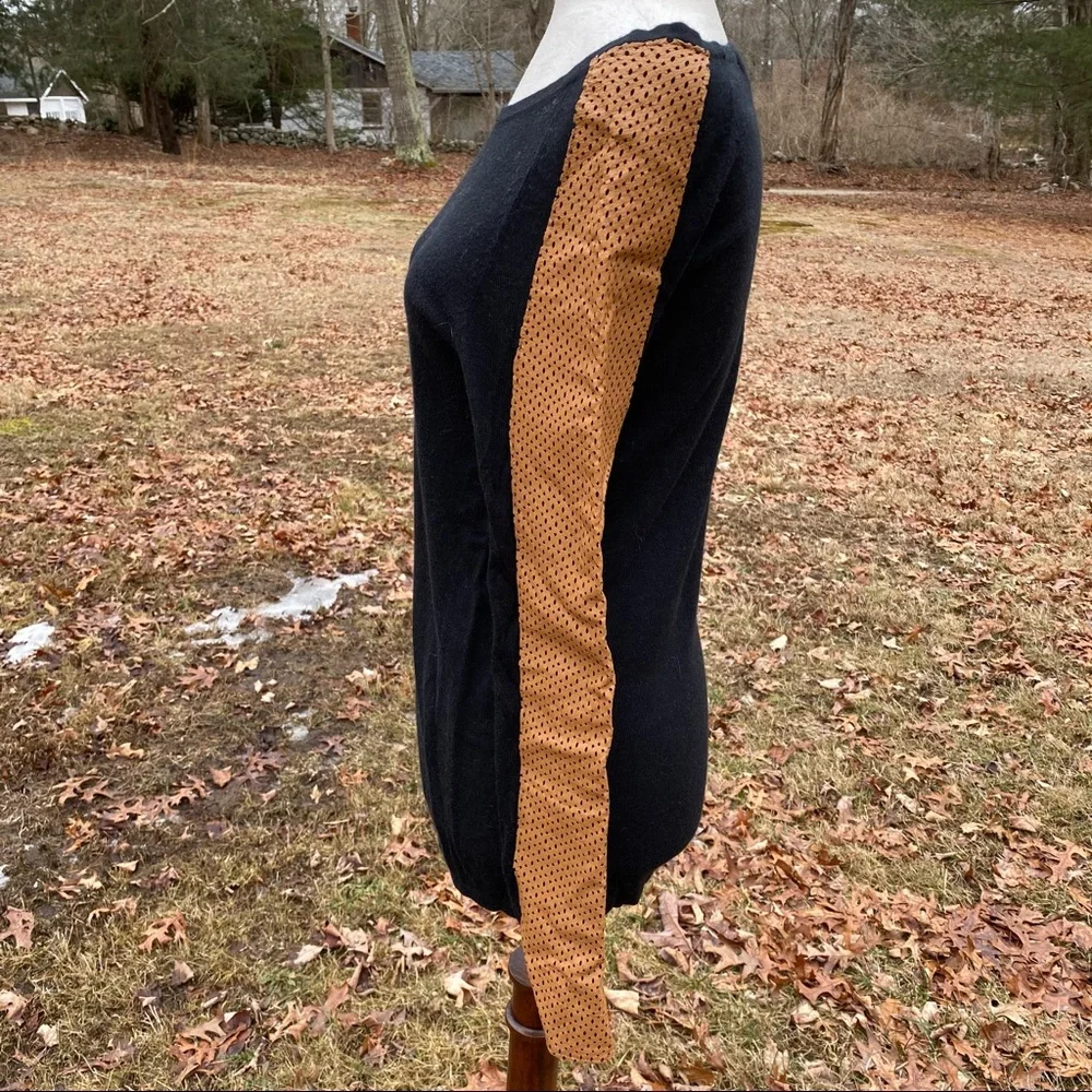 NEIMAN MARCUS SWEATER BOAT NECK BLACK TAN LEATHER SLEEVES Size S
